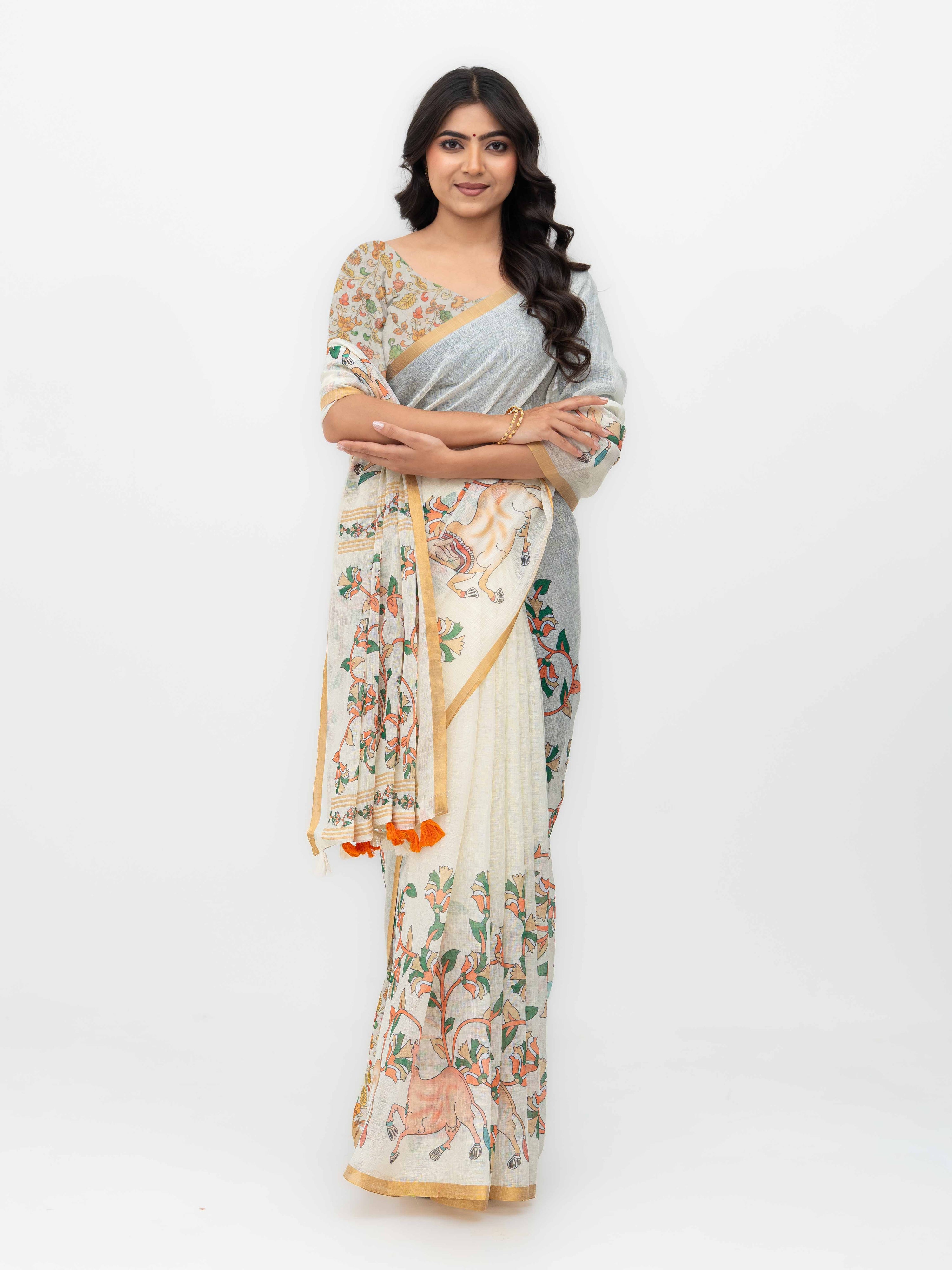 Off-White Cotton Linen Saree