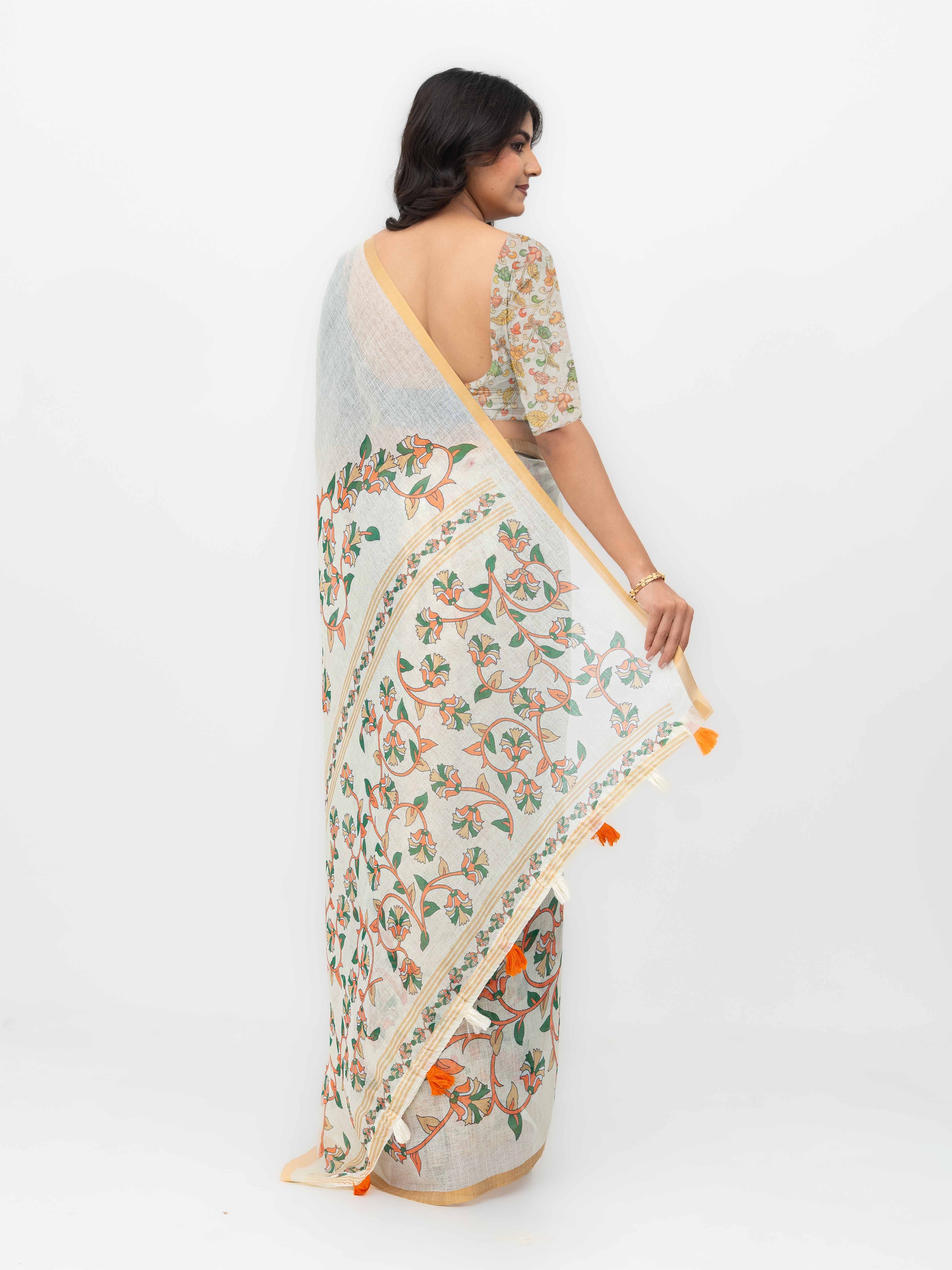 Off-White Cotton Linen Saree