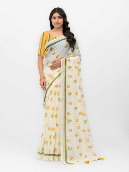 White Cotton Linen Saree