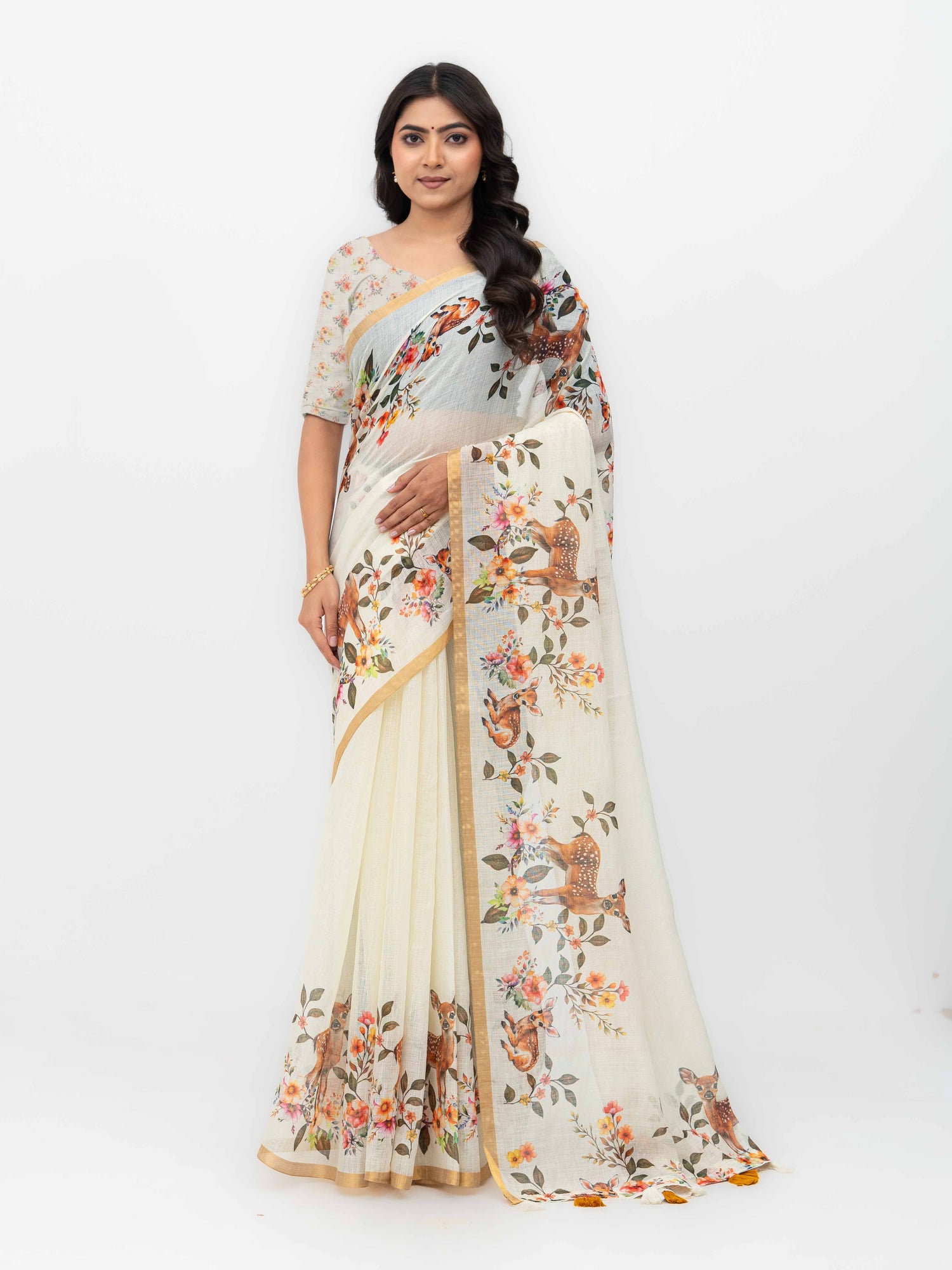 Off-White Cotton Linen Saree