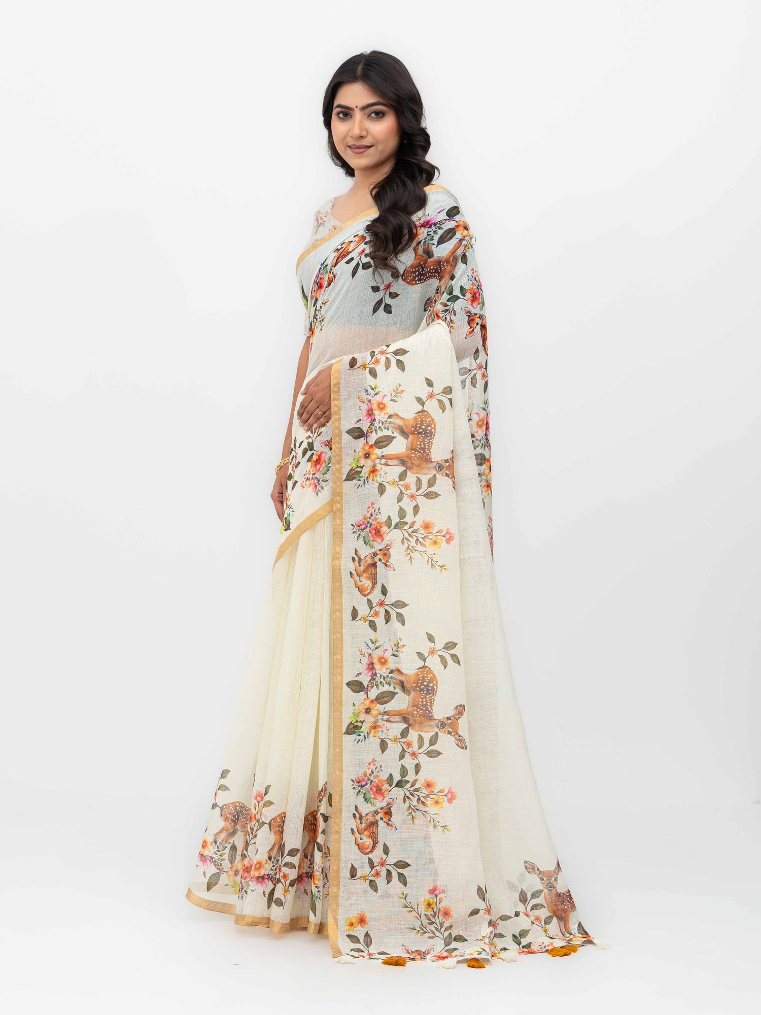 Off-White Cotton Linen Saree