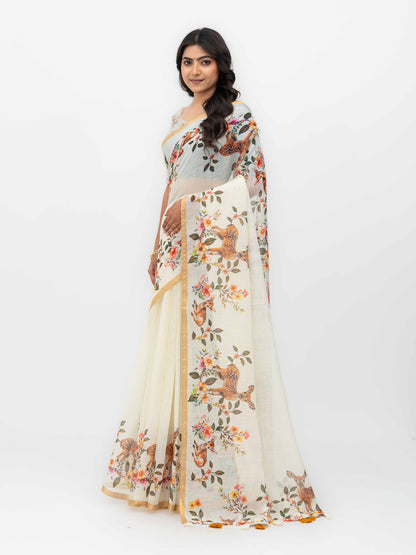 Off-White Cotton Linen Saree