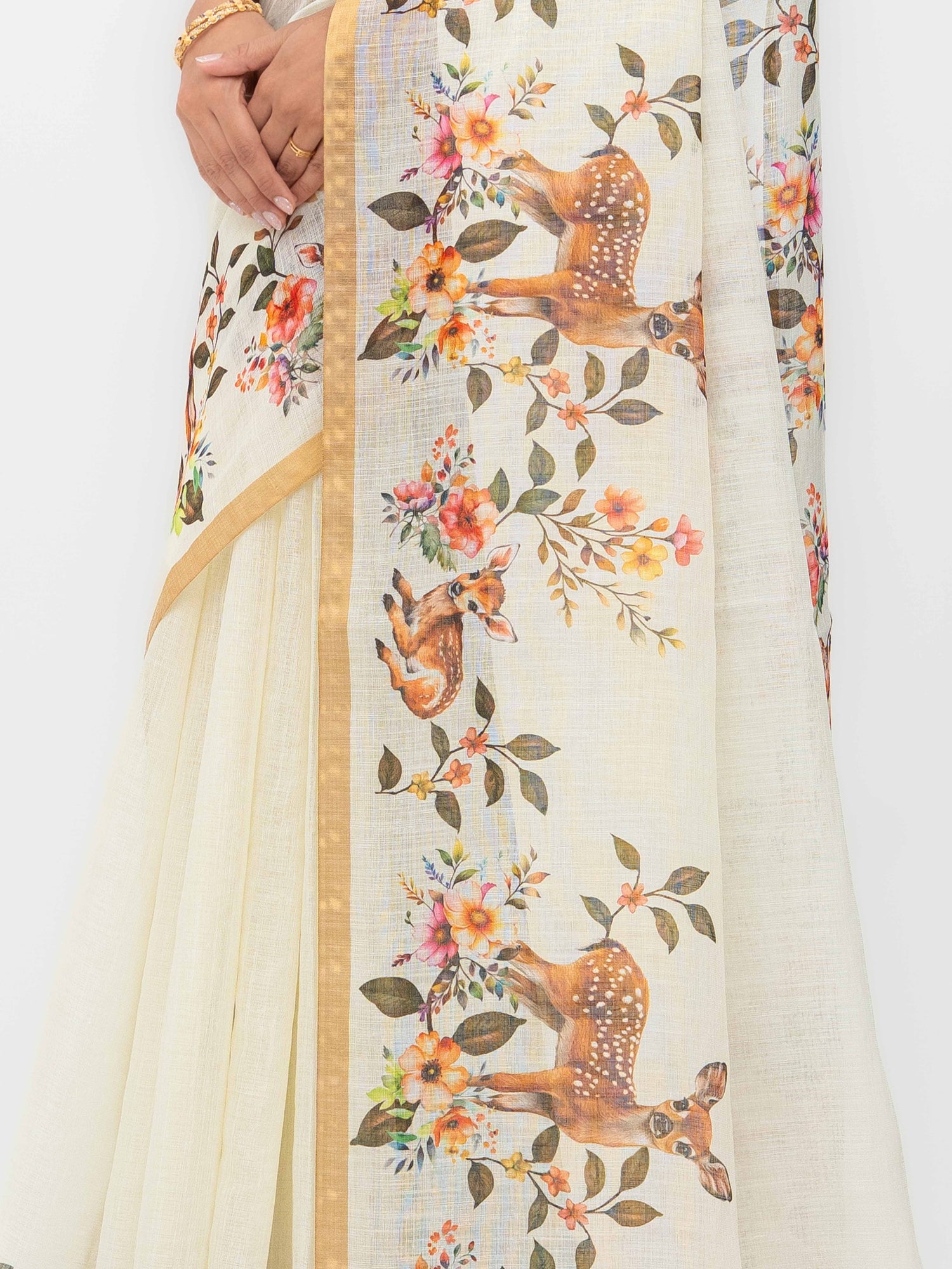 Off-White Cotton Linen Saree