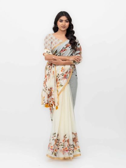 Off-White Cotton Linen Saree
