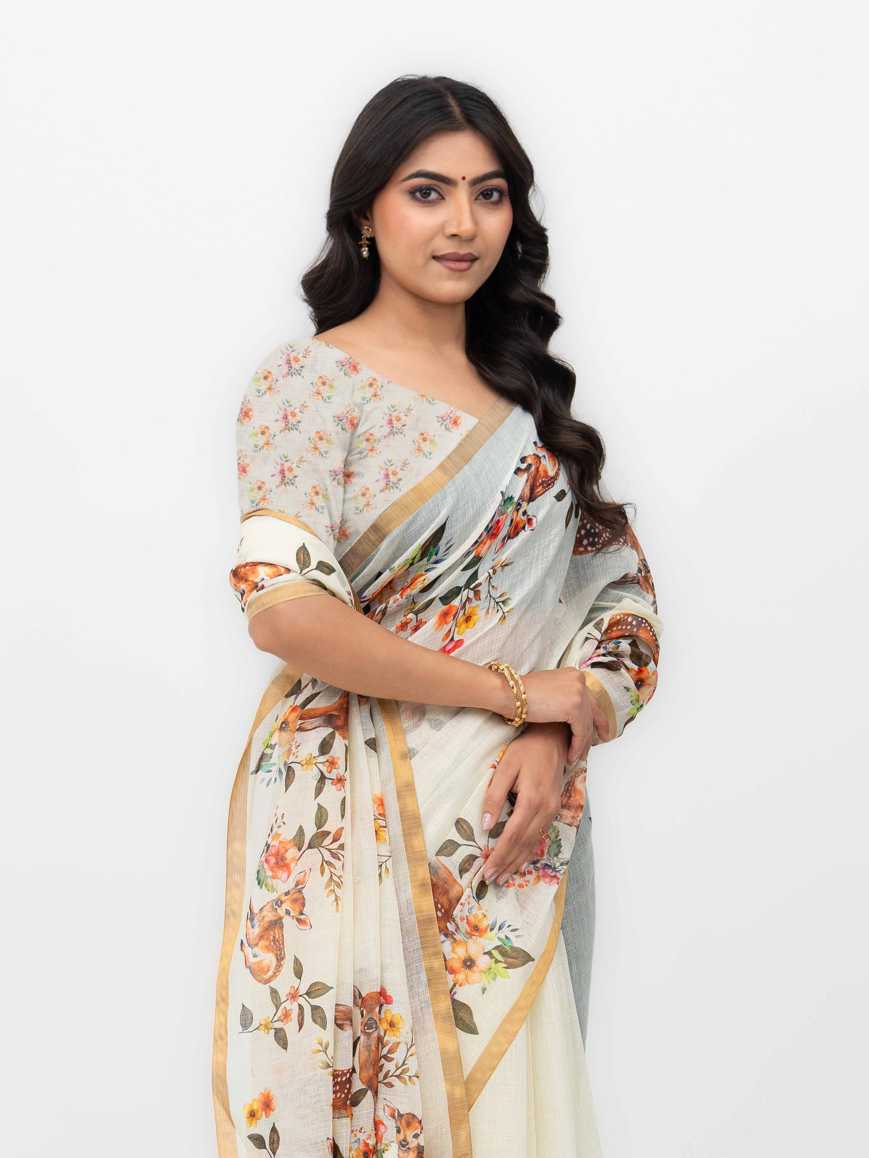 Off-White Cotton Linen Saree