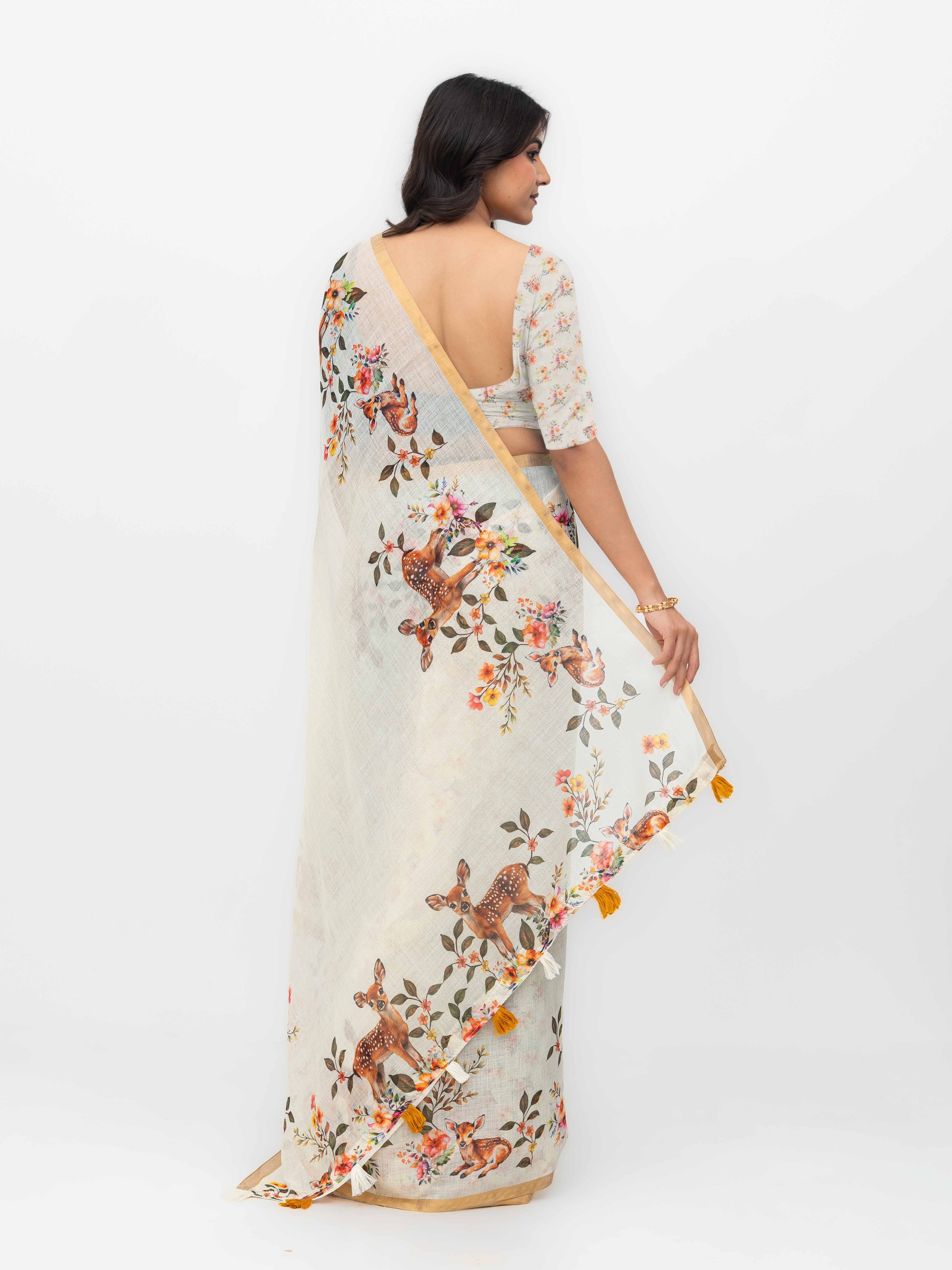 Off-White Cotton Linen Saree