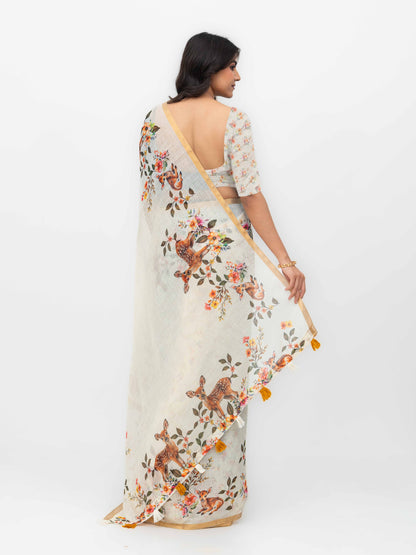 Off-White Cotton Linen Saree