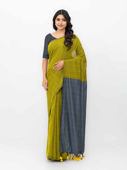 Mehendi &amp; Gray Khadi Cotton Saree
