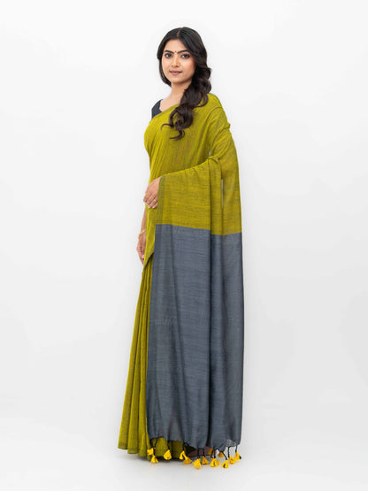 Mehendi &amp; Gray Khadi Cotton Saree