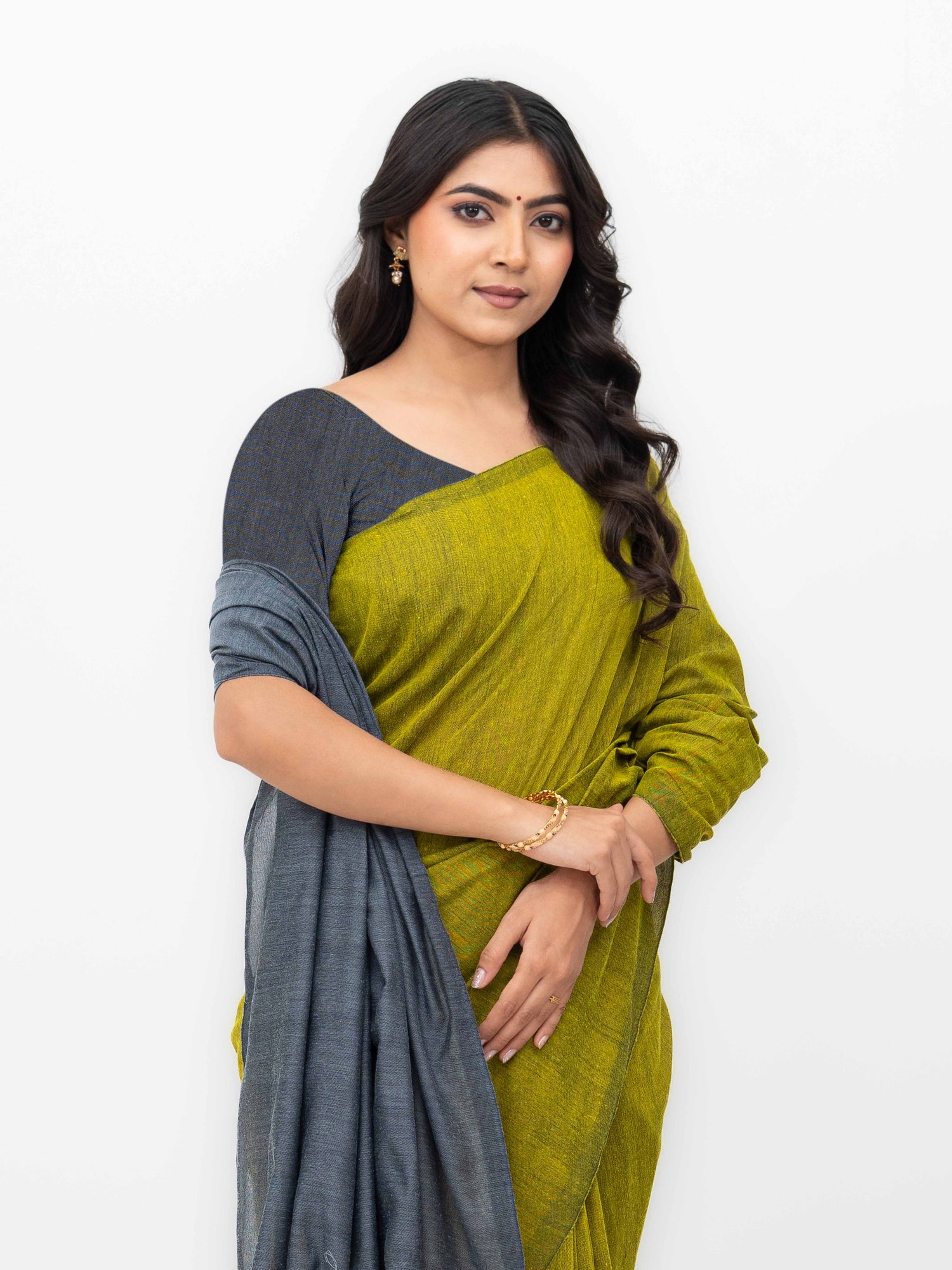 Mehendi &amp; Gray Khadi Cotton Saree