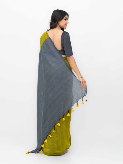 Mehendi &amp; Gray Khadi Cotton Saree