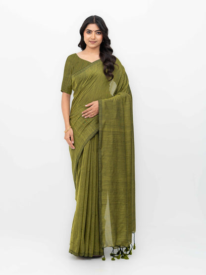 Olive Green Khadi Cotton Saree