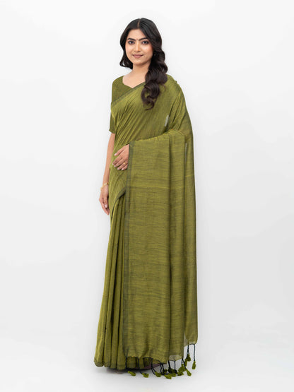 Olive Green Khadi Cotton Saree