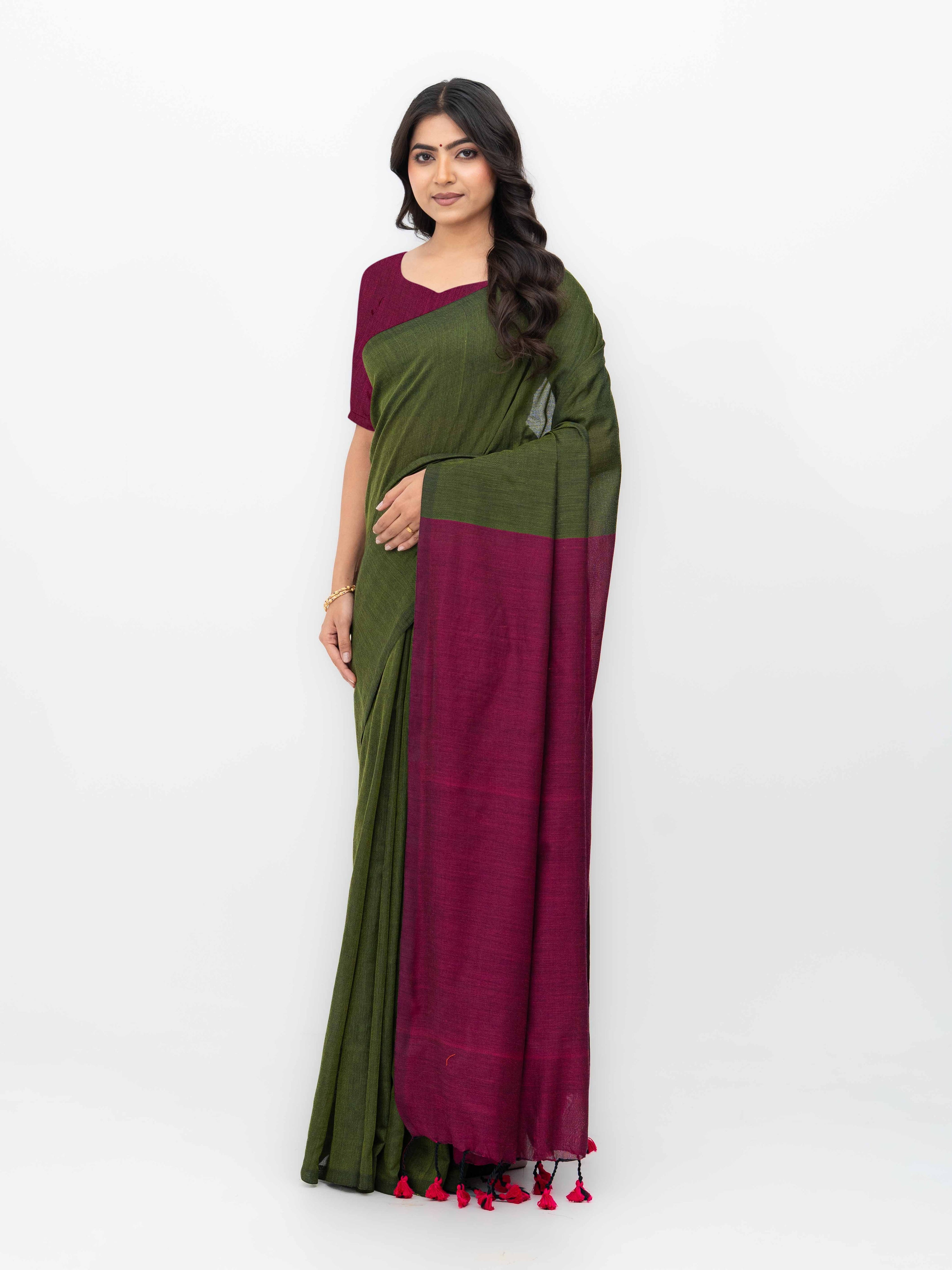 Mehndi &amp; Pink Khadi Cotton Saree