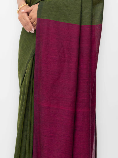 Mehndi &amp; Pink Khadi Cotton Saree
