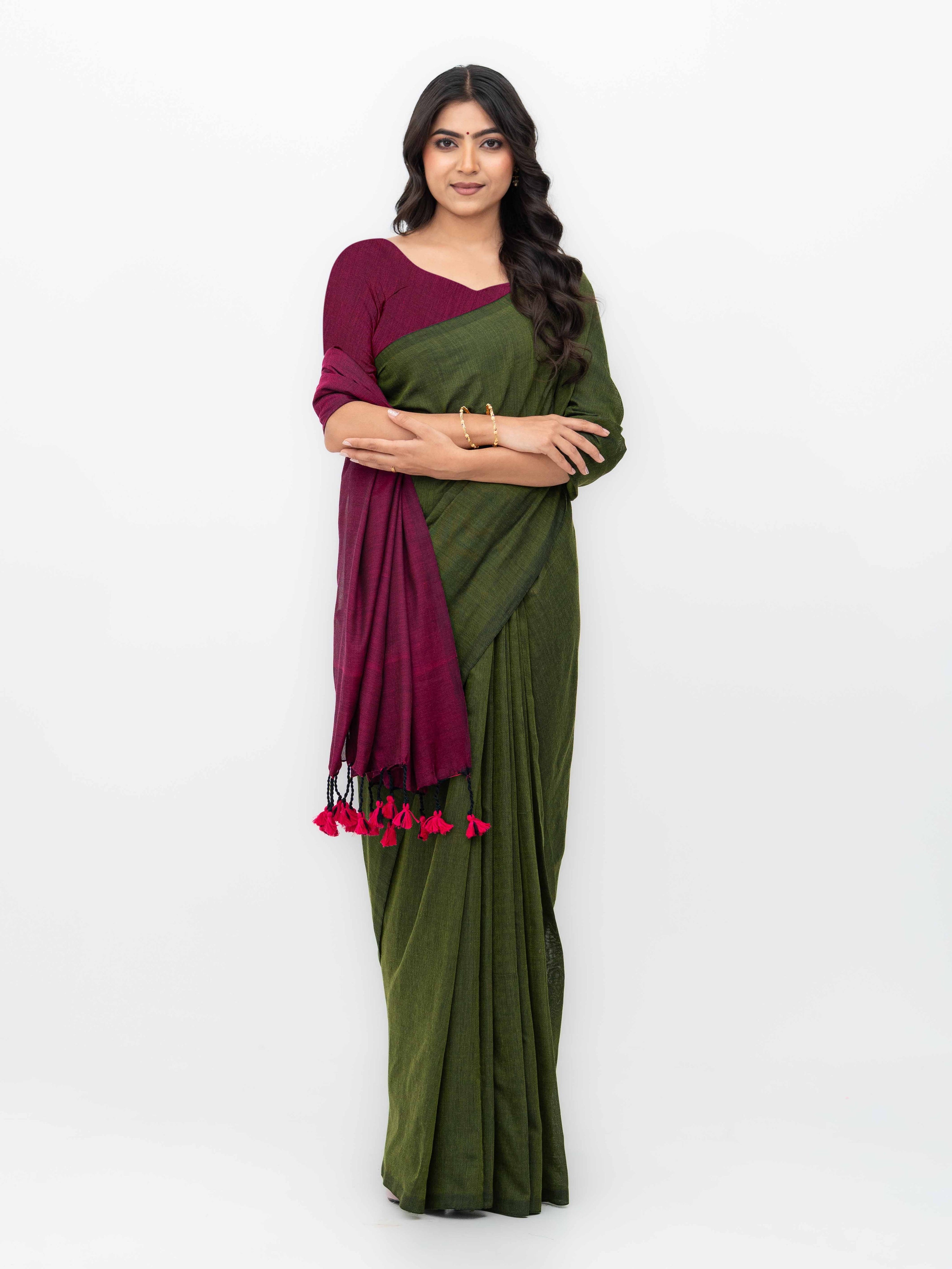 Mehndi &amp; Pink Khadi Cotton Saree