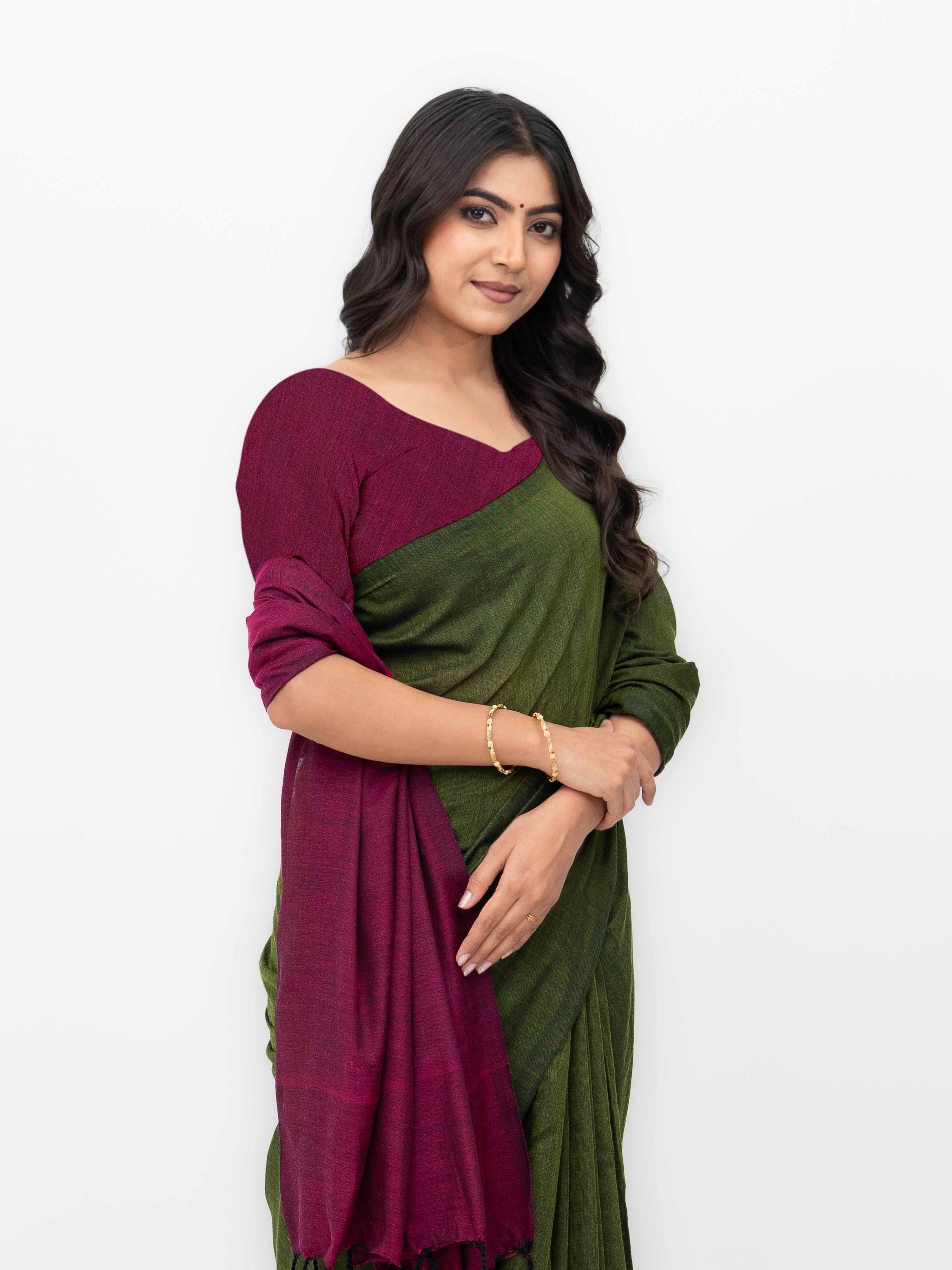 Mehndi &amp; Pink Khadi Cotton Saree