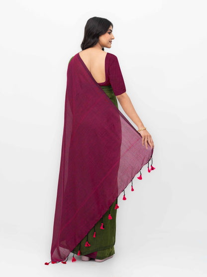 Mehndi &amp; Pink Khadi Cotton Saree