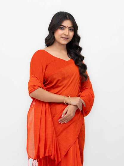Orange Khadi Cotton Saree