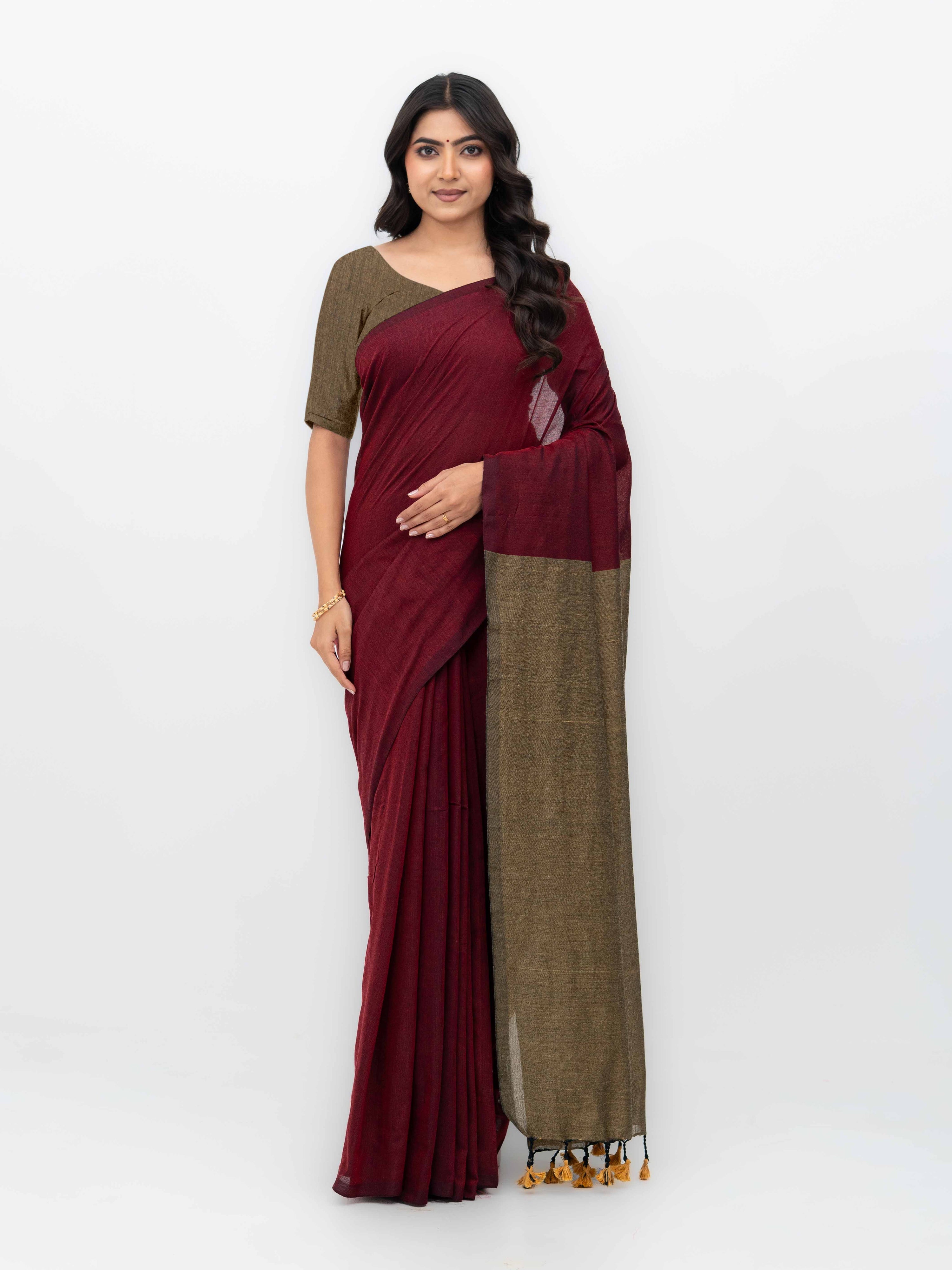 Maroon &amp; Beige Khadi Cotton Saree