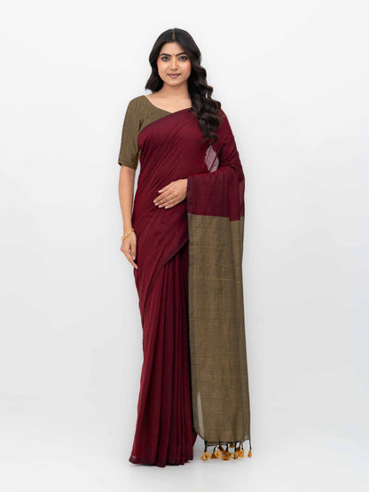 Maroon &amp; Beige Khadi Cotton Saree