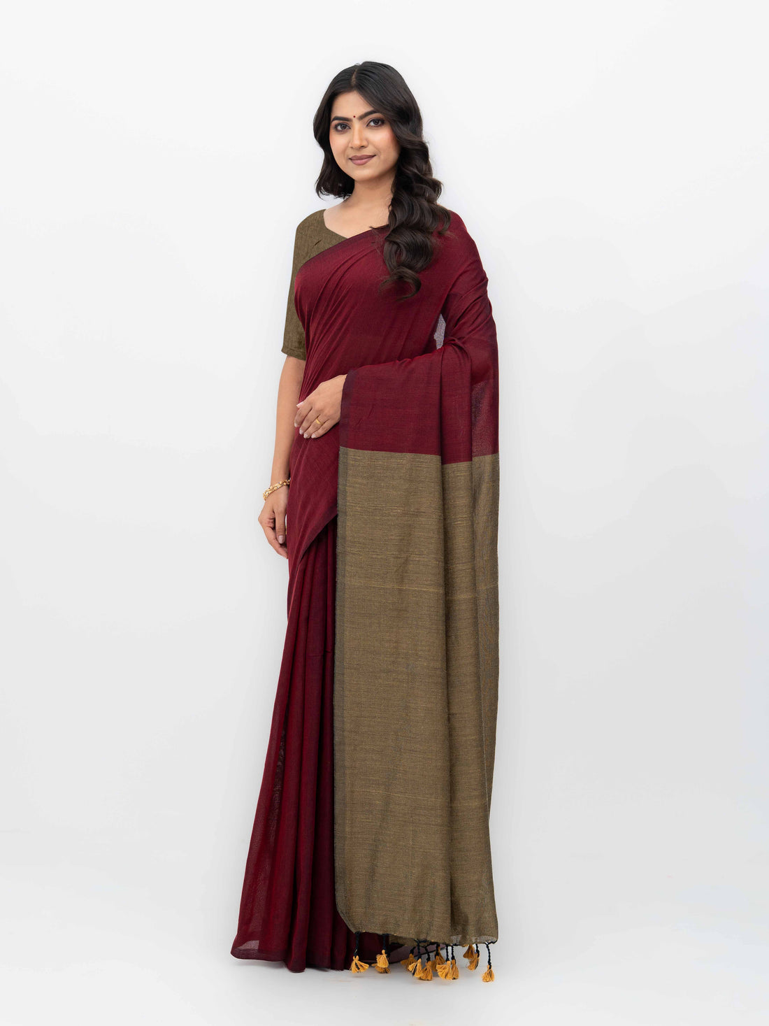 Maroon &amp; Beige Khadi Cotton Saree