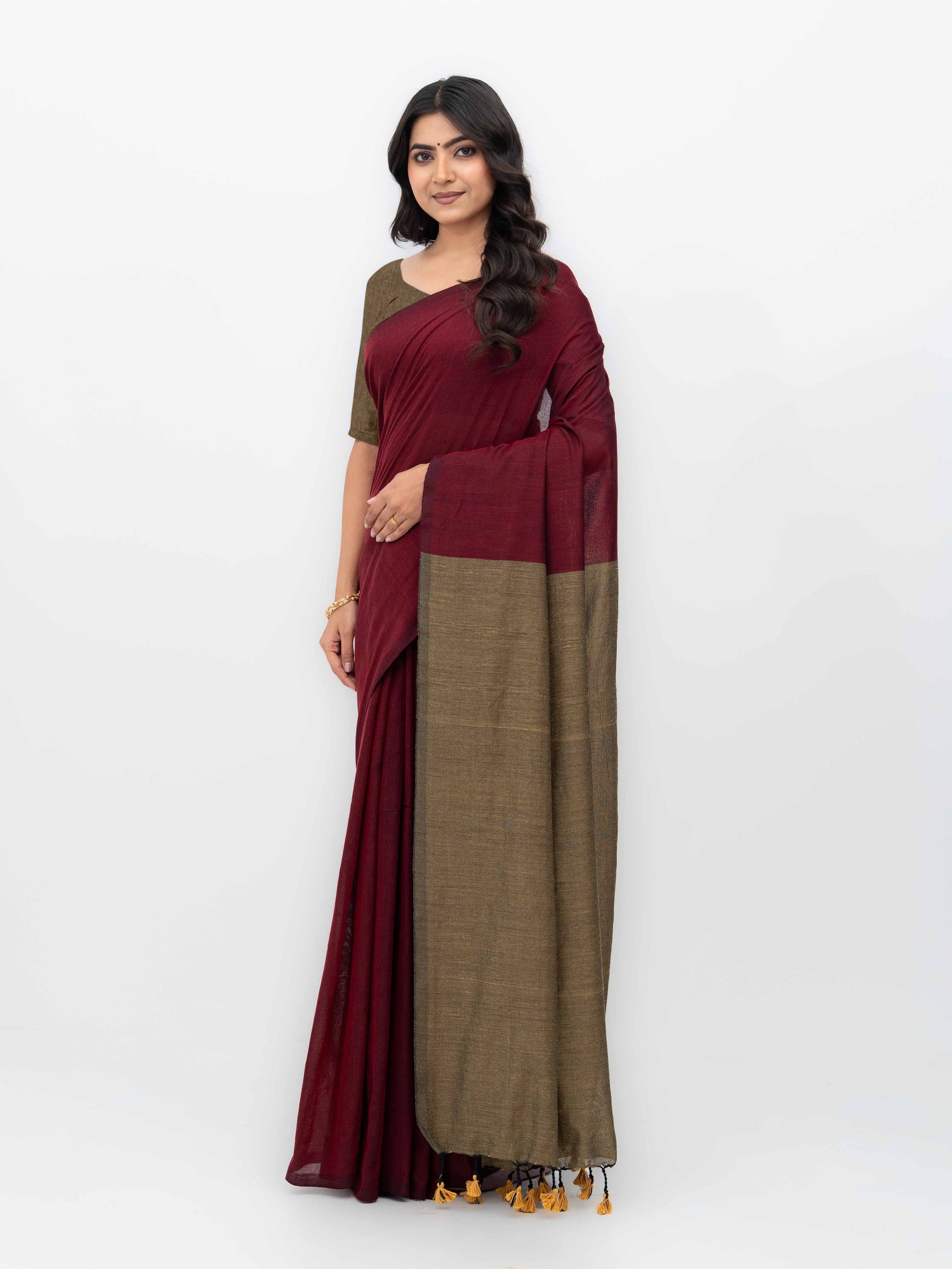 Maroon &amp; Beige Khadi Cotton Saree