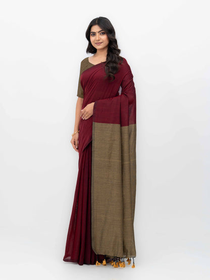 Maroon &amp; Beige Khadi Cotton Saree