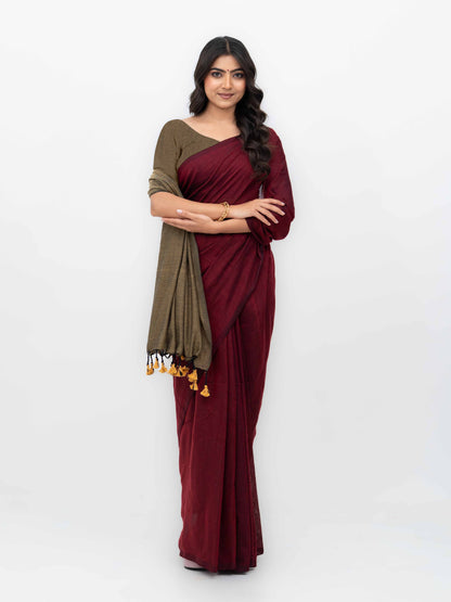 Maroon &amp; Beige Khadi Cotton Saree