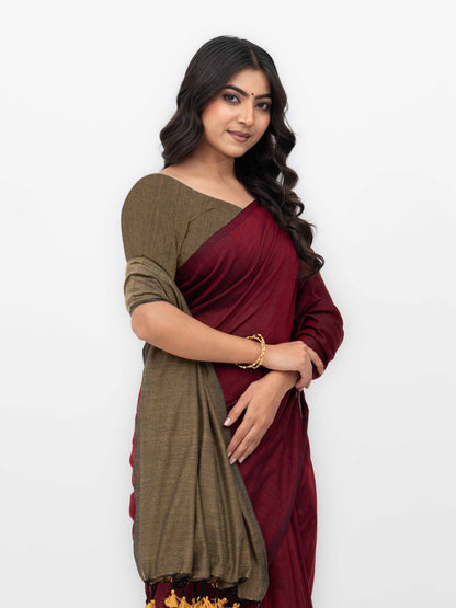 Maroon &amp; Beige Khadi Cotton Saree
