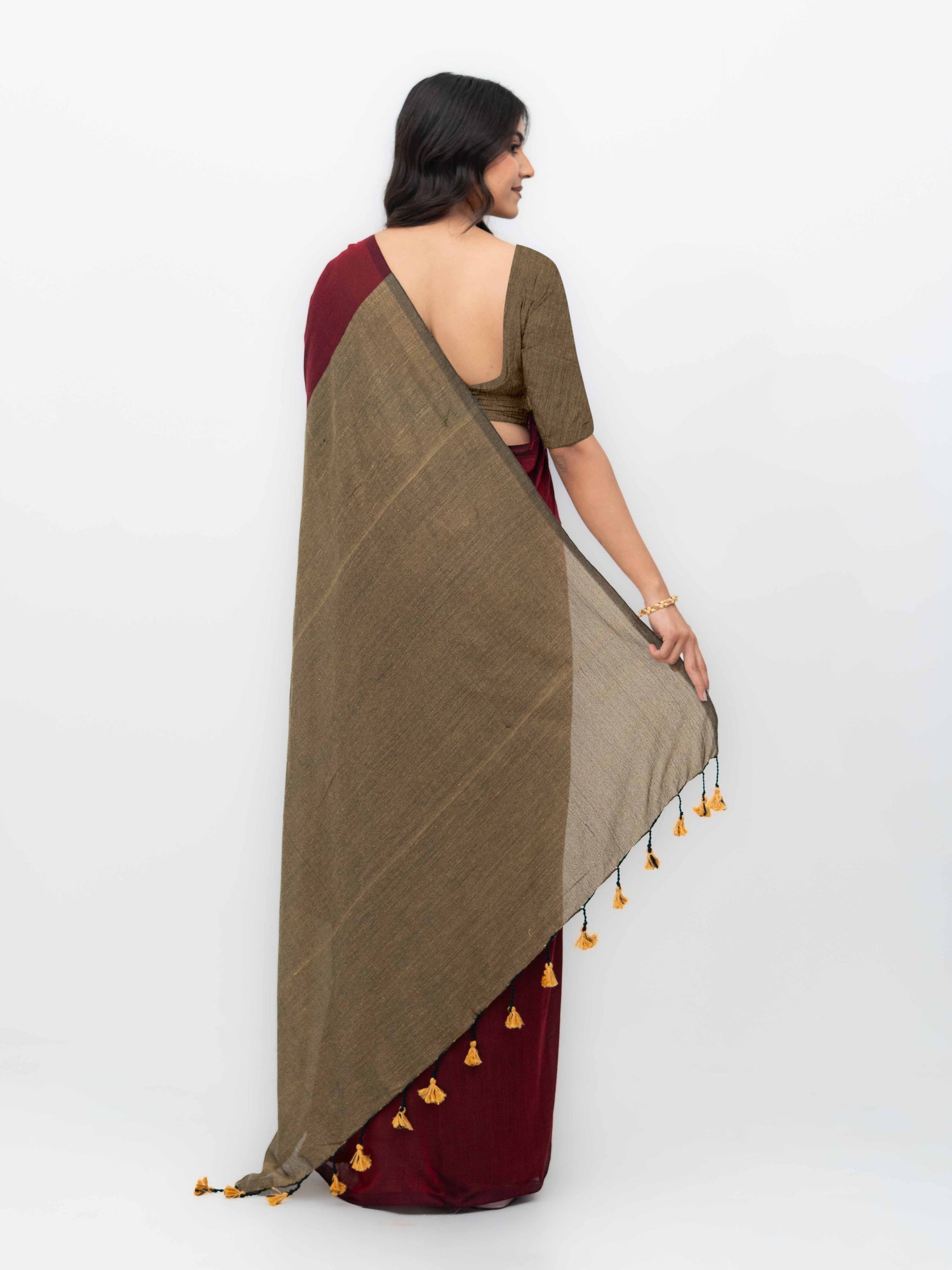 Maroon &amp; Beige Khadi Cotton Saree