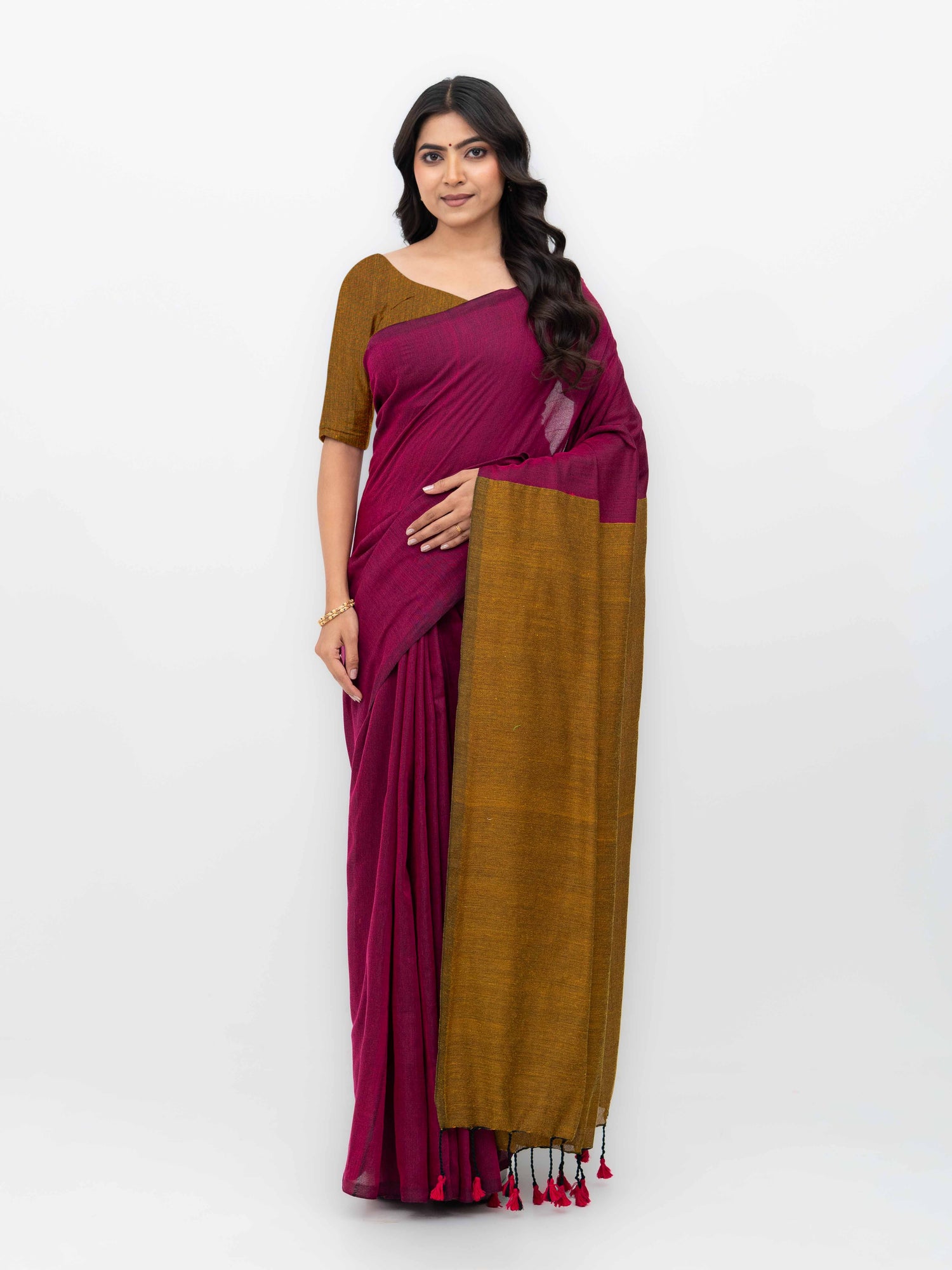 Pink &amp; Rust Yellow Khadi Cotton Saree