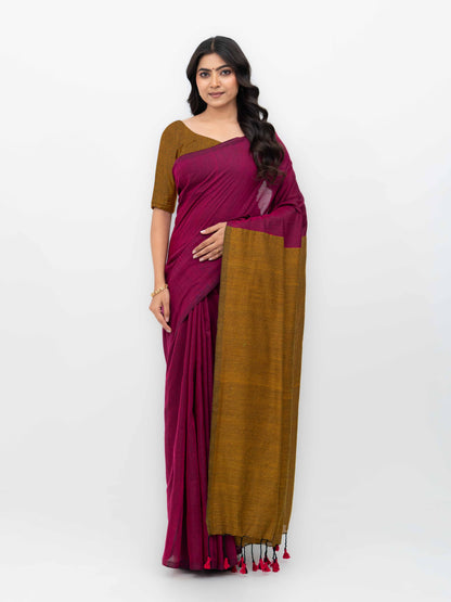 Pink &amp; Rust Yellow Khadi Cotton Saree