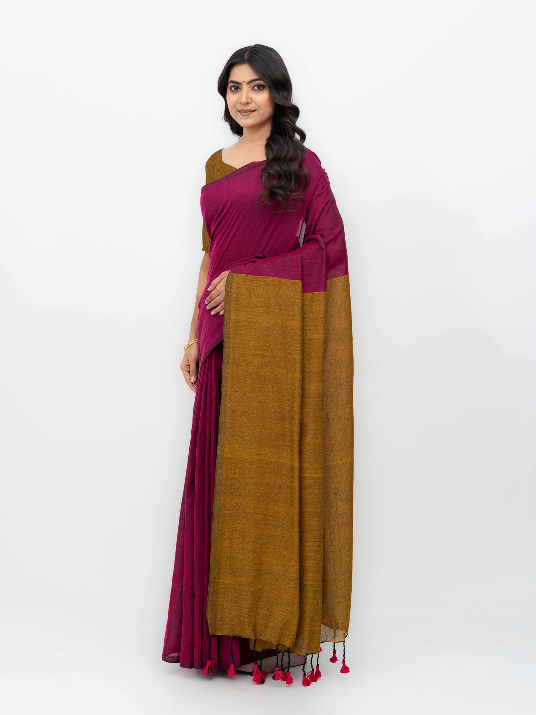 Pink &amp; Rust Yellow Khadi Cotton Saree