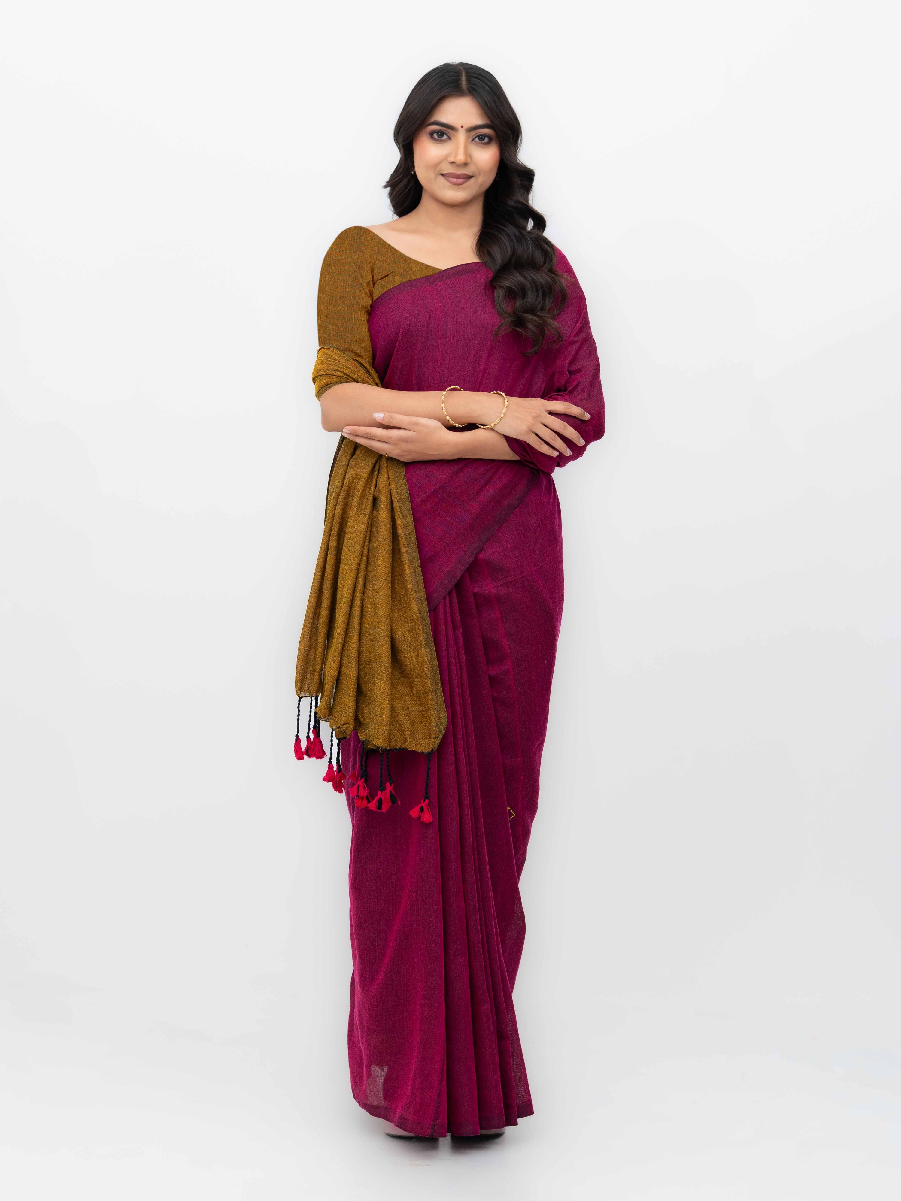Pink &amp; Rust Yellow Khadi Cotton Saree