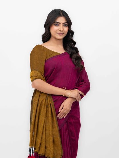 Pink &amp; Rust Yellow Khadi Cotton Saree