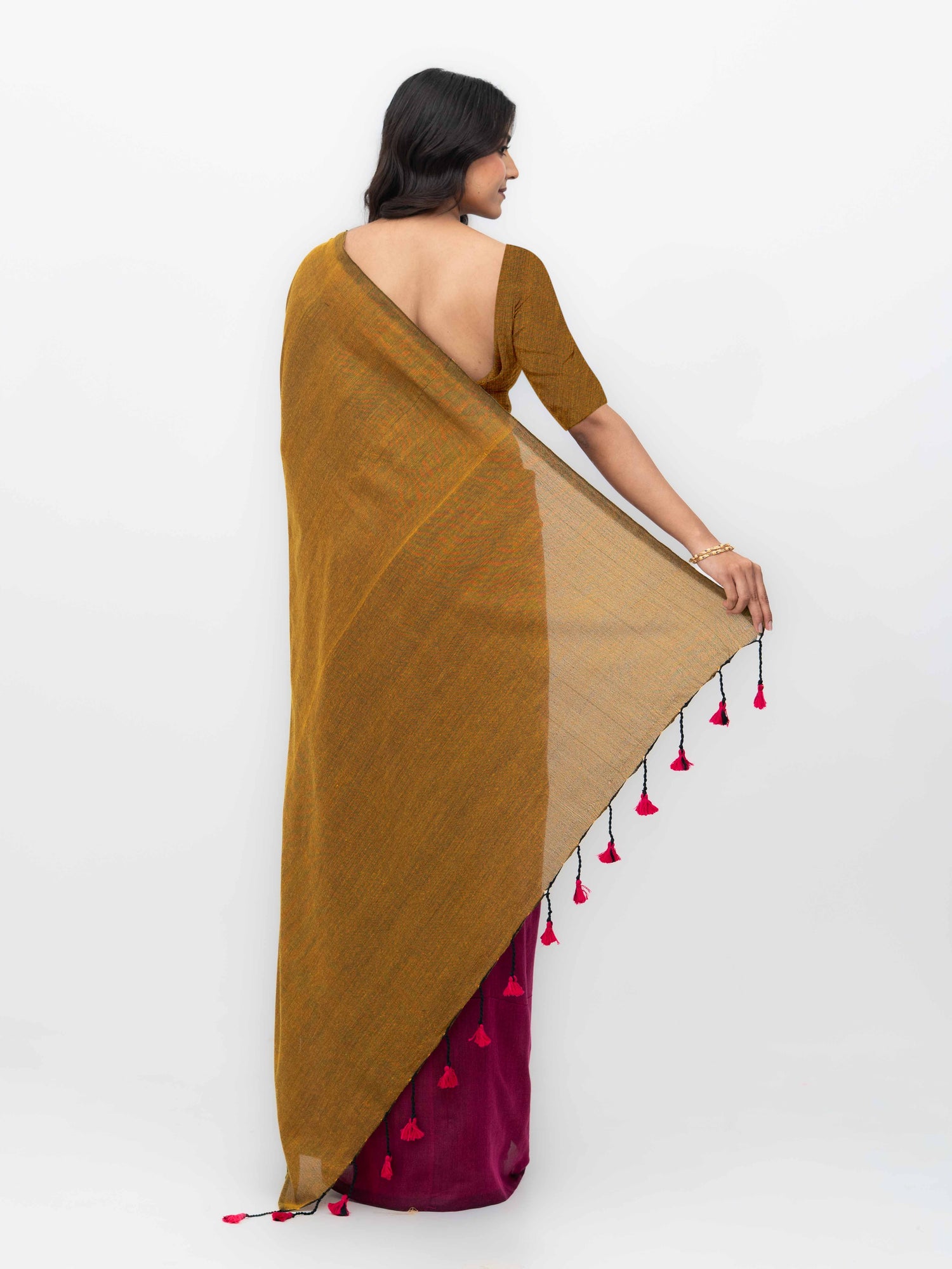 Pink &amp; Rust Yellow Khadi Cotton Saree