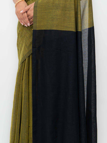 Green&amp;Black Khadi Cotton Saree