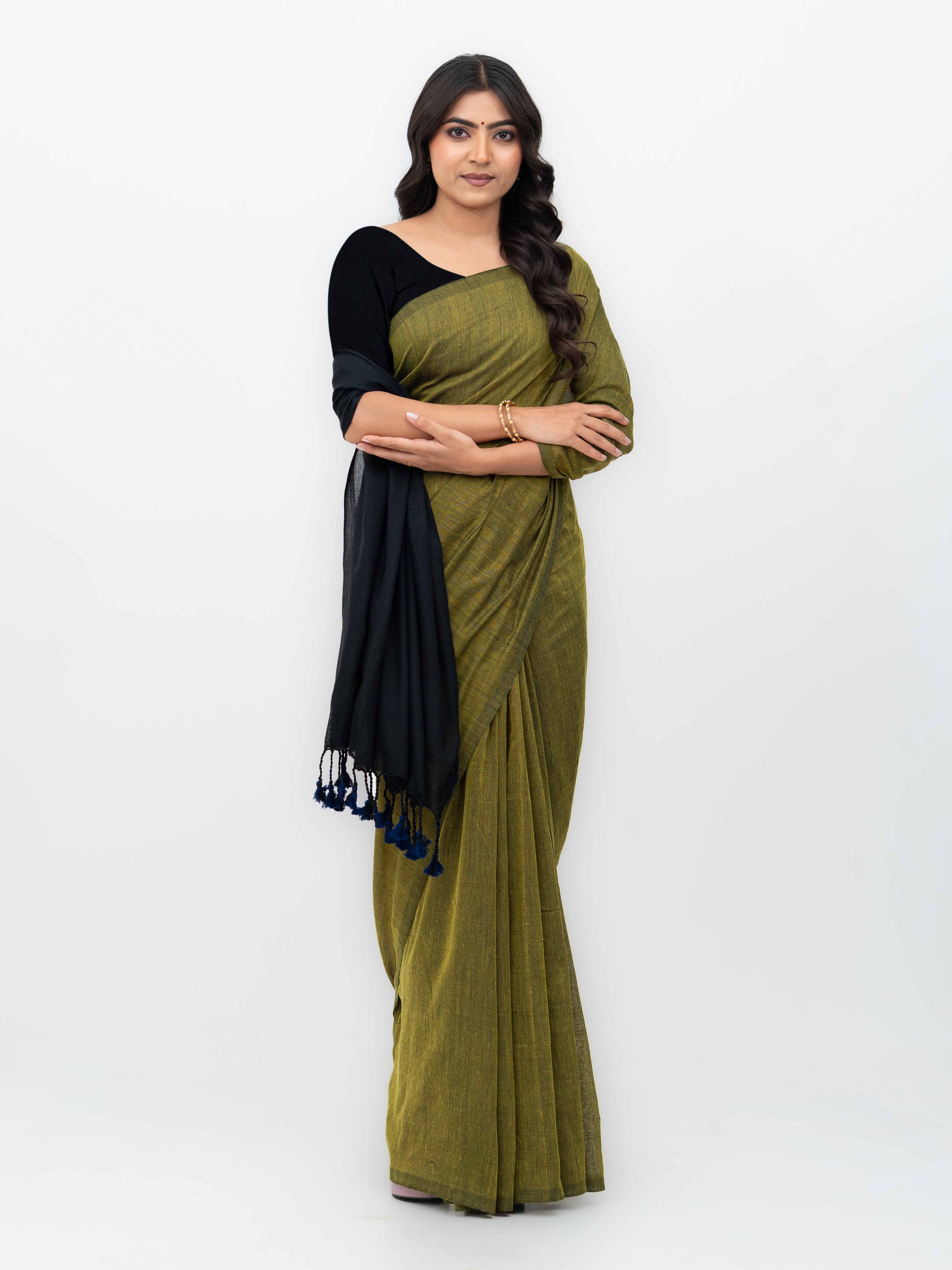 Green&amp;Black Khadi Cotton Saree