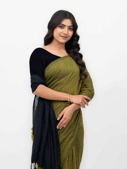 Green&amp;Black Khadi Cotton Saree