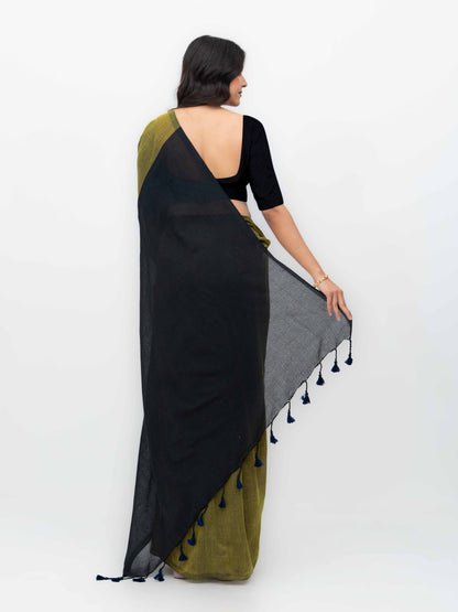 Green&amp;Black Khadi Cotton Saree