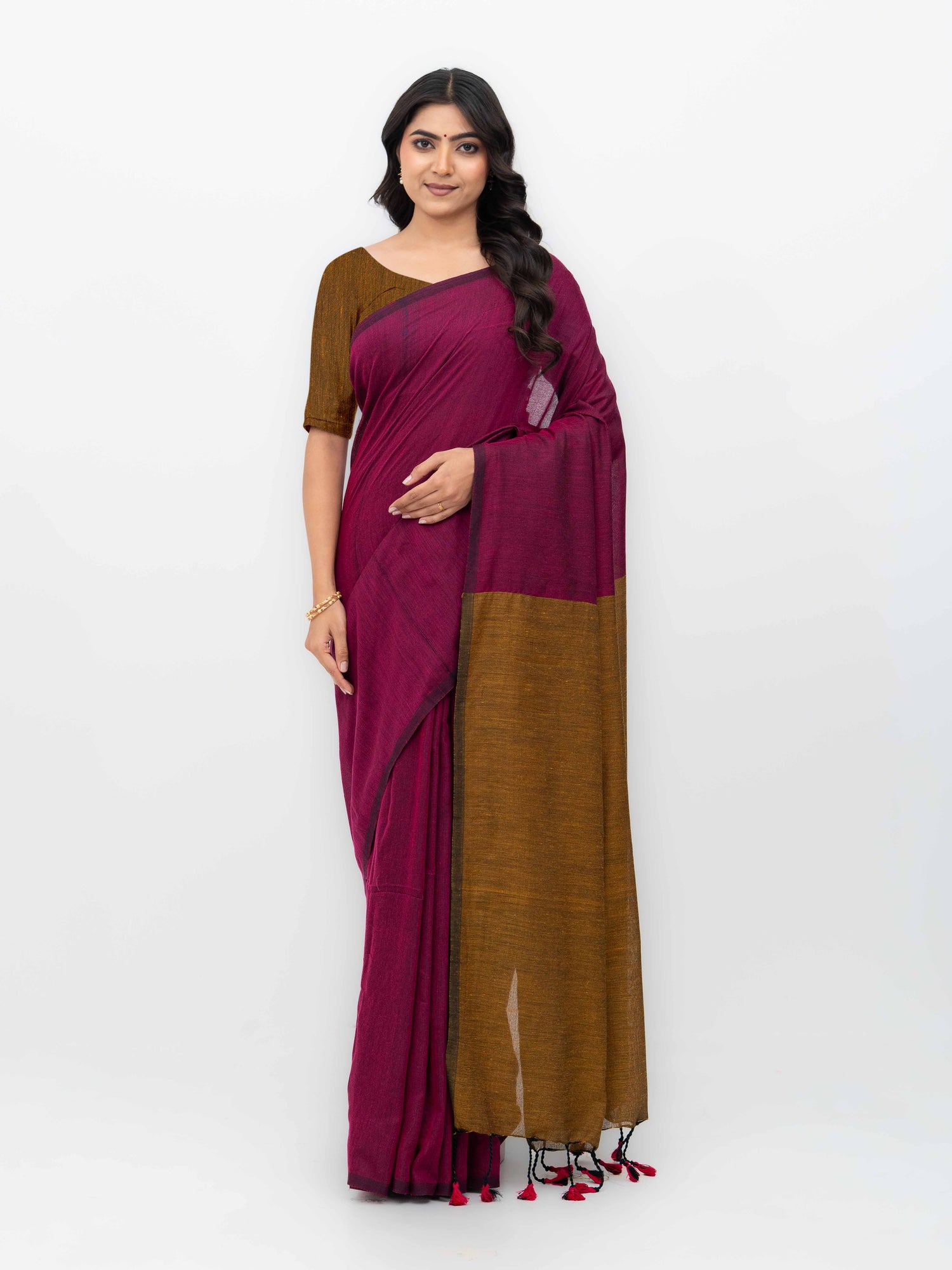 Pink &amp; Mustard Khadi Cotton Saree