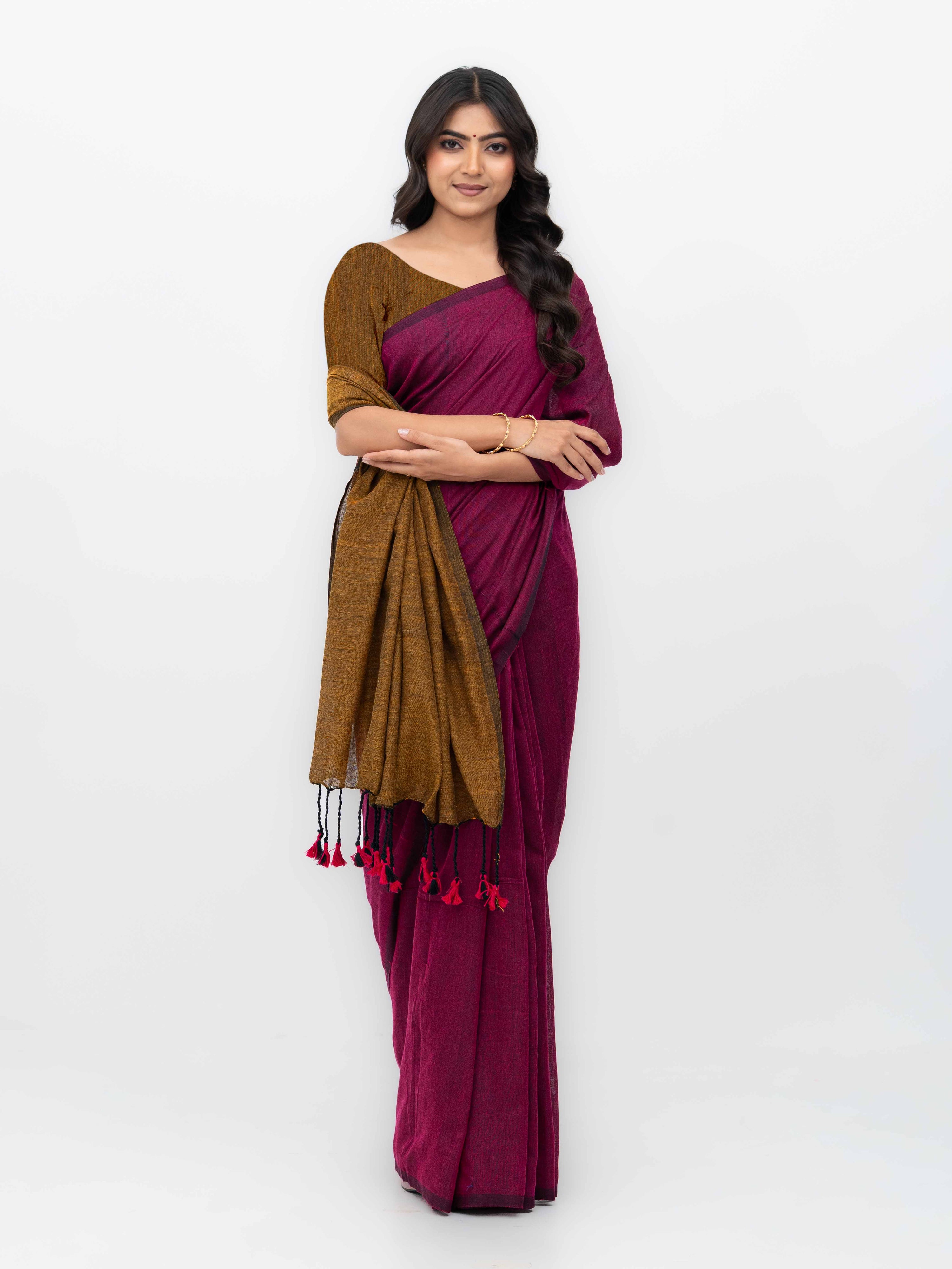 Pink &amp; Mustard Khadi Cotton Saree