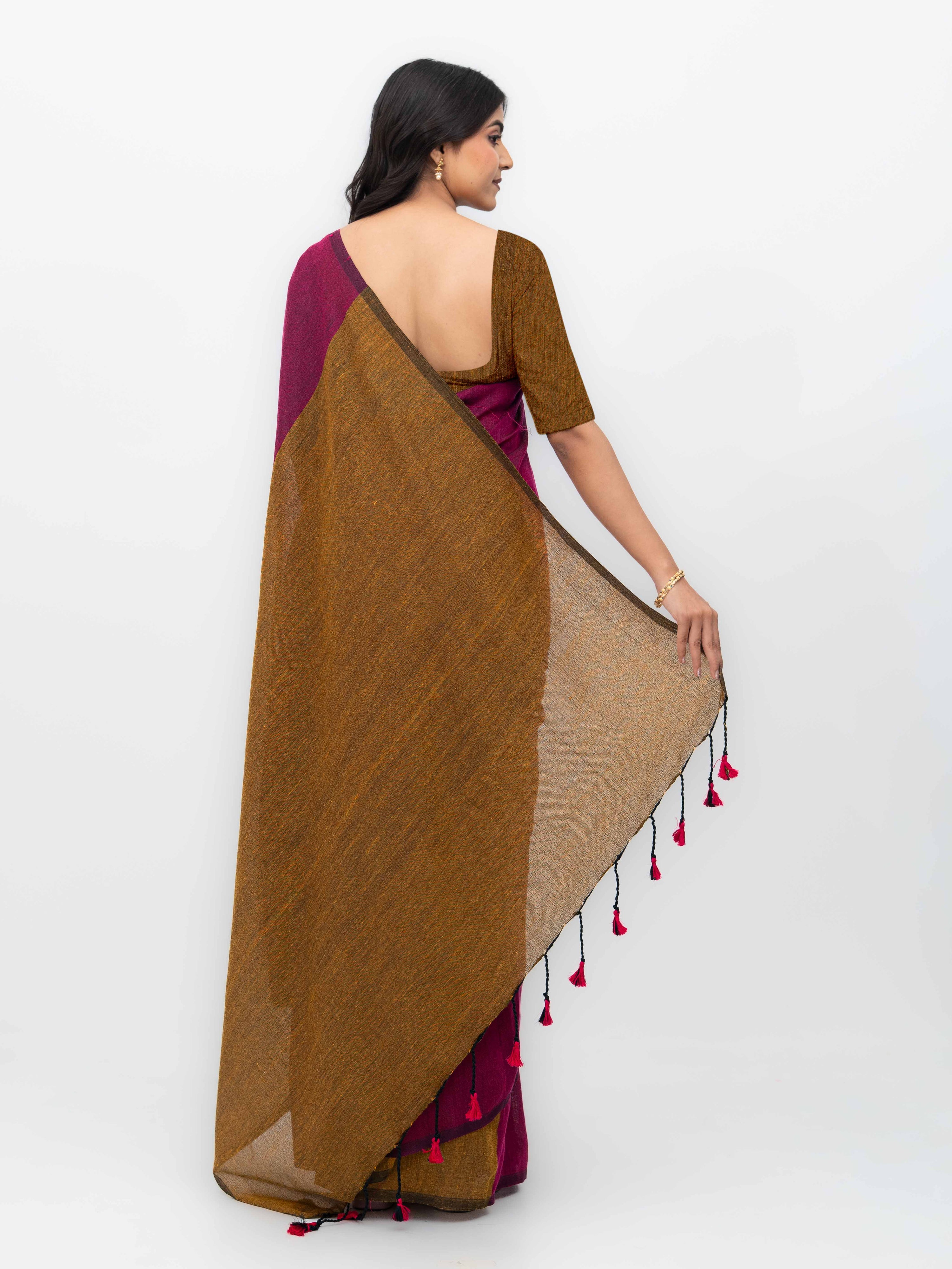 Pink &amp; Mustard Khadi Cotton Saree