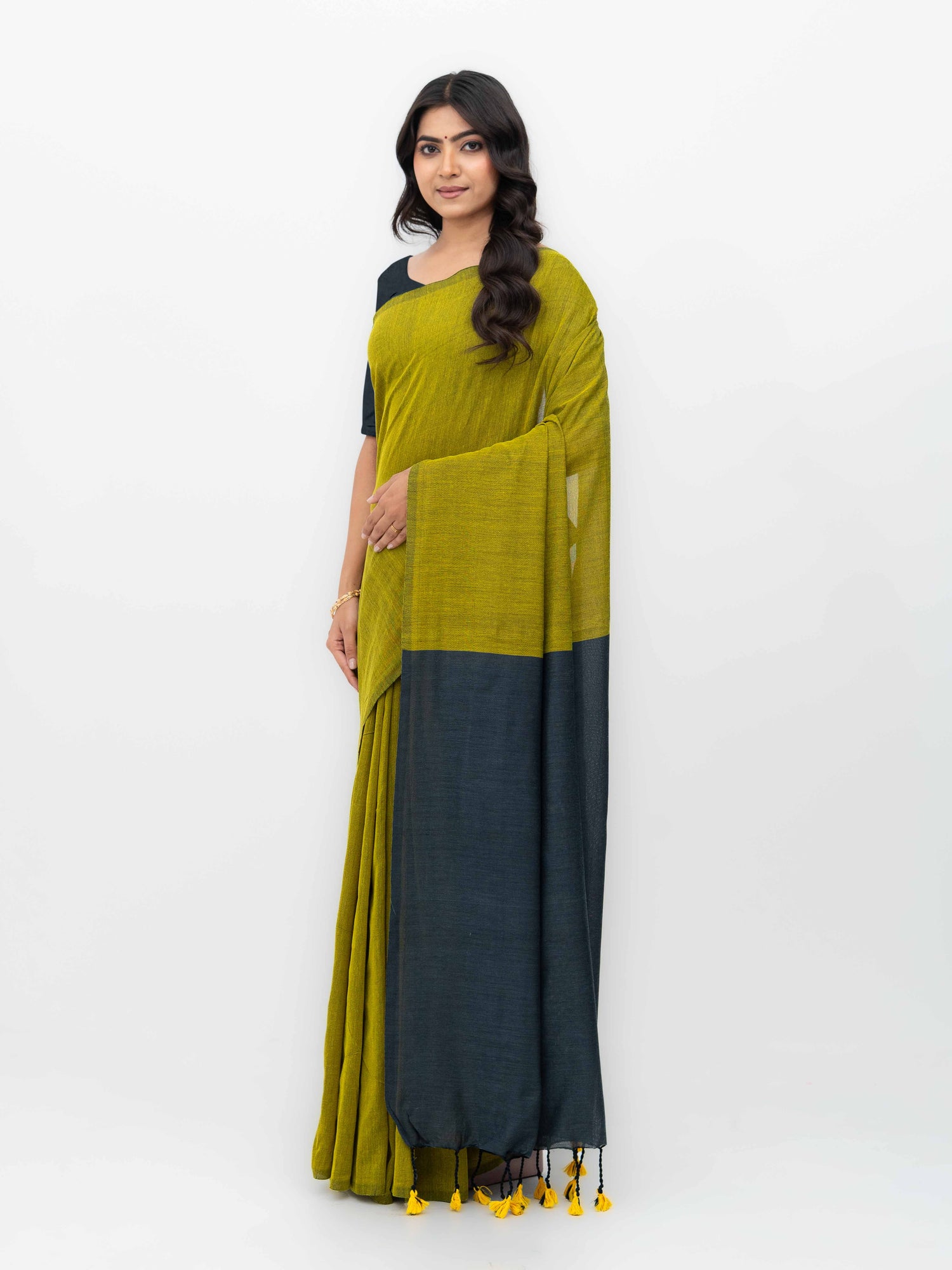 Dark Grey &amp;Mustard Khadi Cotton Saree