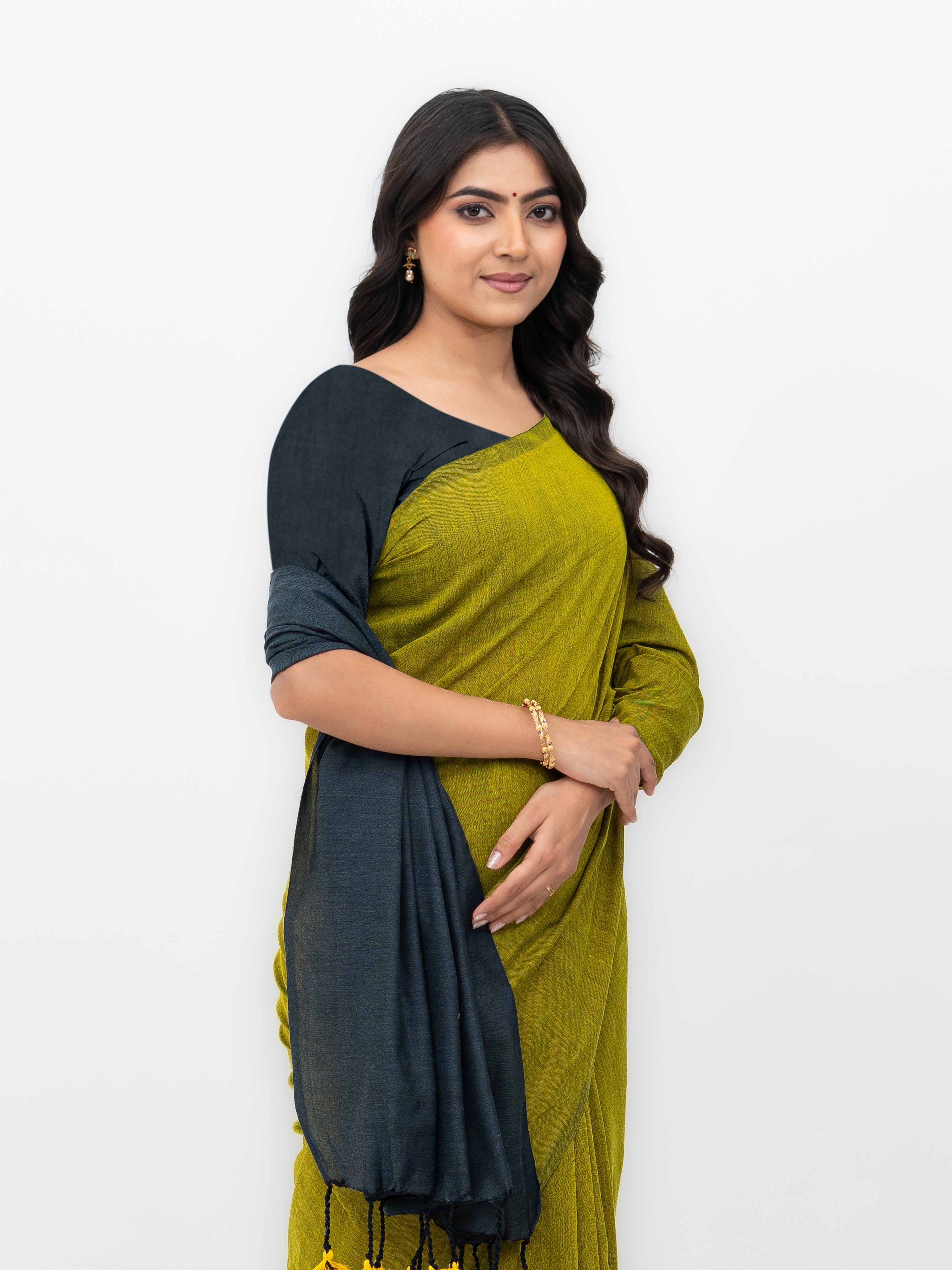 Dark Grey &amp;Mustard Khadi Cotton Saree