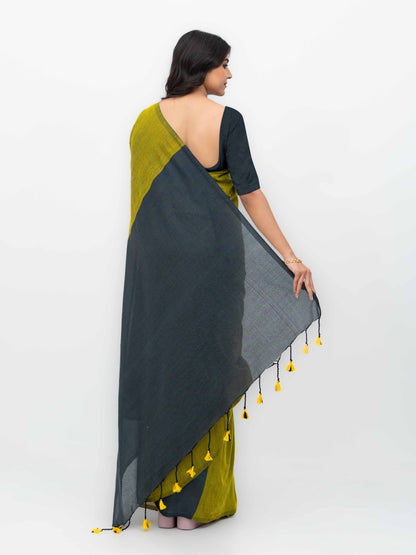 Dark Grey &amp;Mustard Khadi Cotton Saree
