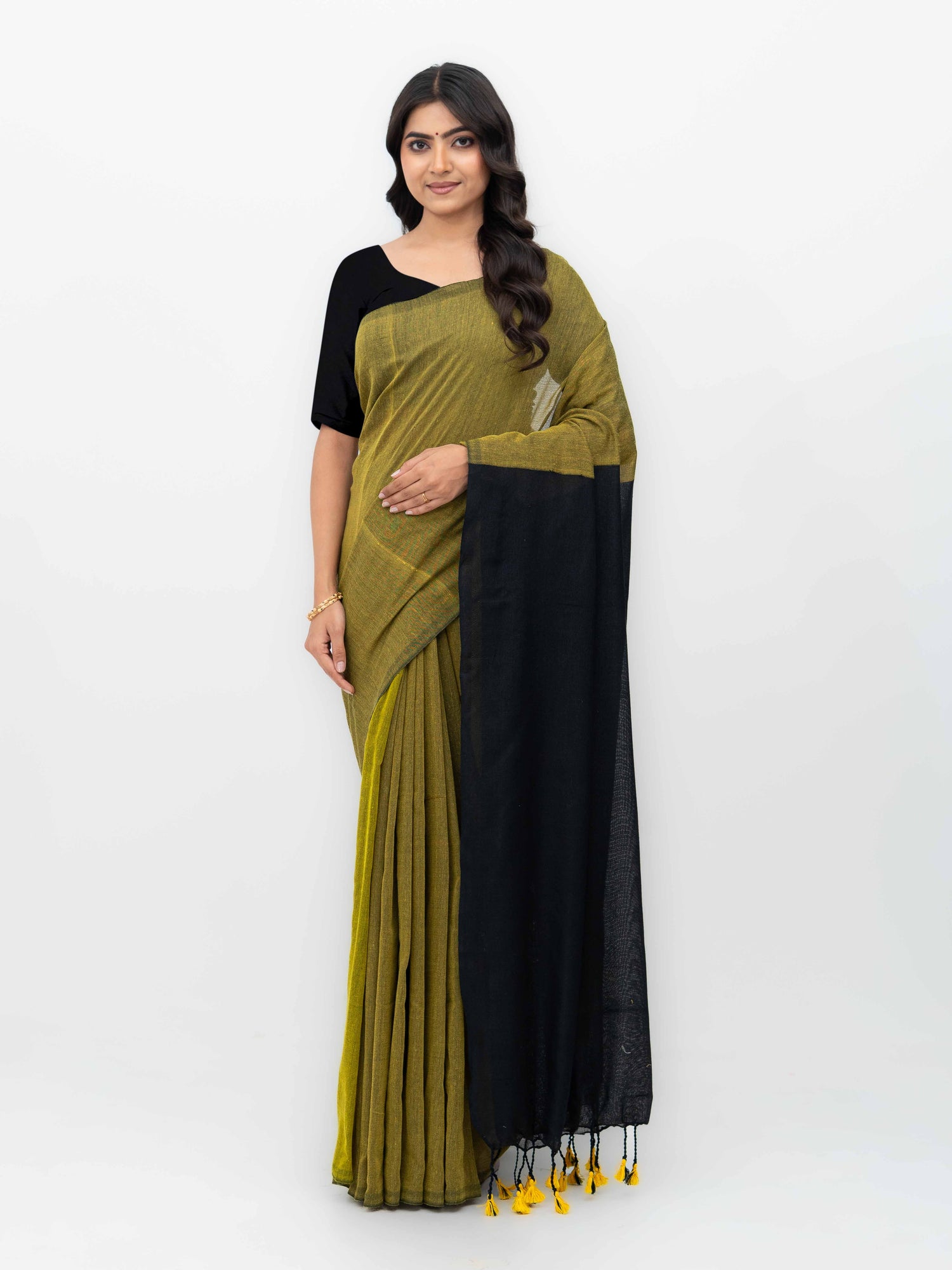 Mustard &amp; Black Khadi Cotton Saree