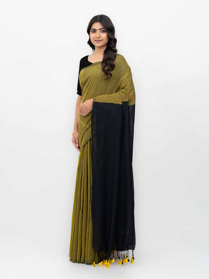 Mustard &amp; Black Khadi Cotton Saree