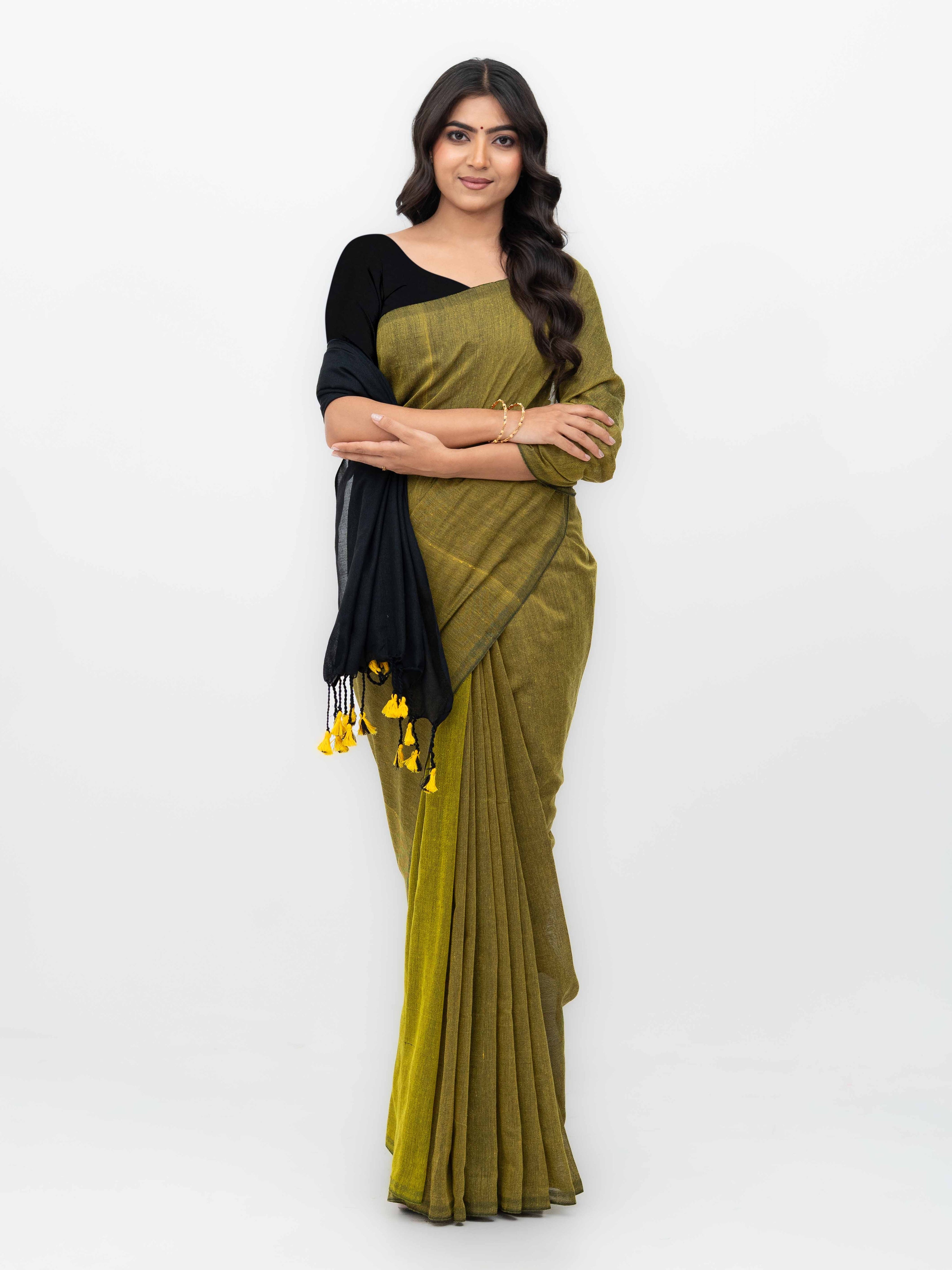 Mustard &amp; Black Khadi Cotton Saree